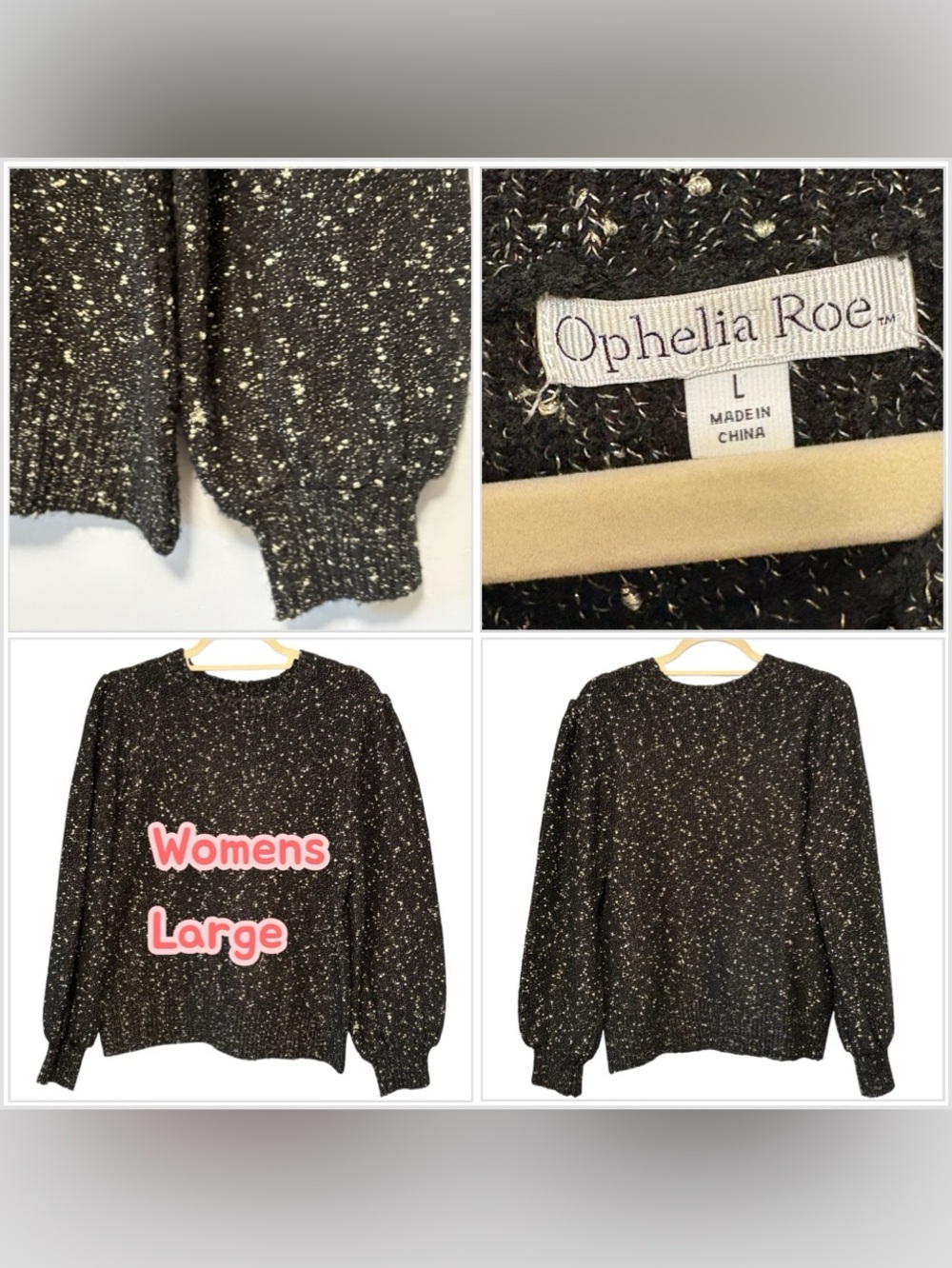 Womens Ophelia Roe Large Sweater Crew Black Gold Specks Long Sleeve Stretch Cozy